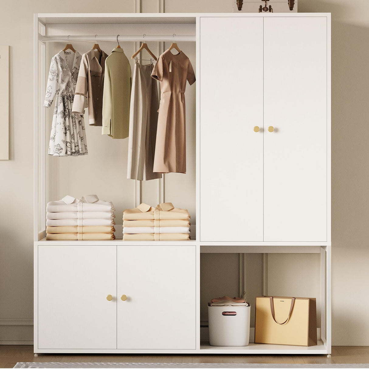 LIKIMIO Wardrobe Closet, White Cabinet with Shelves, Large Armoire Clothing Storage with Hanging Rod for Bedroom, Living/Laundry Room LIKIMIO