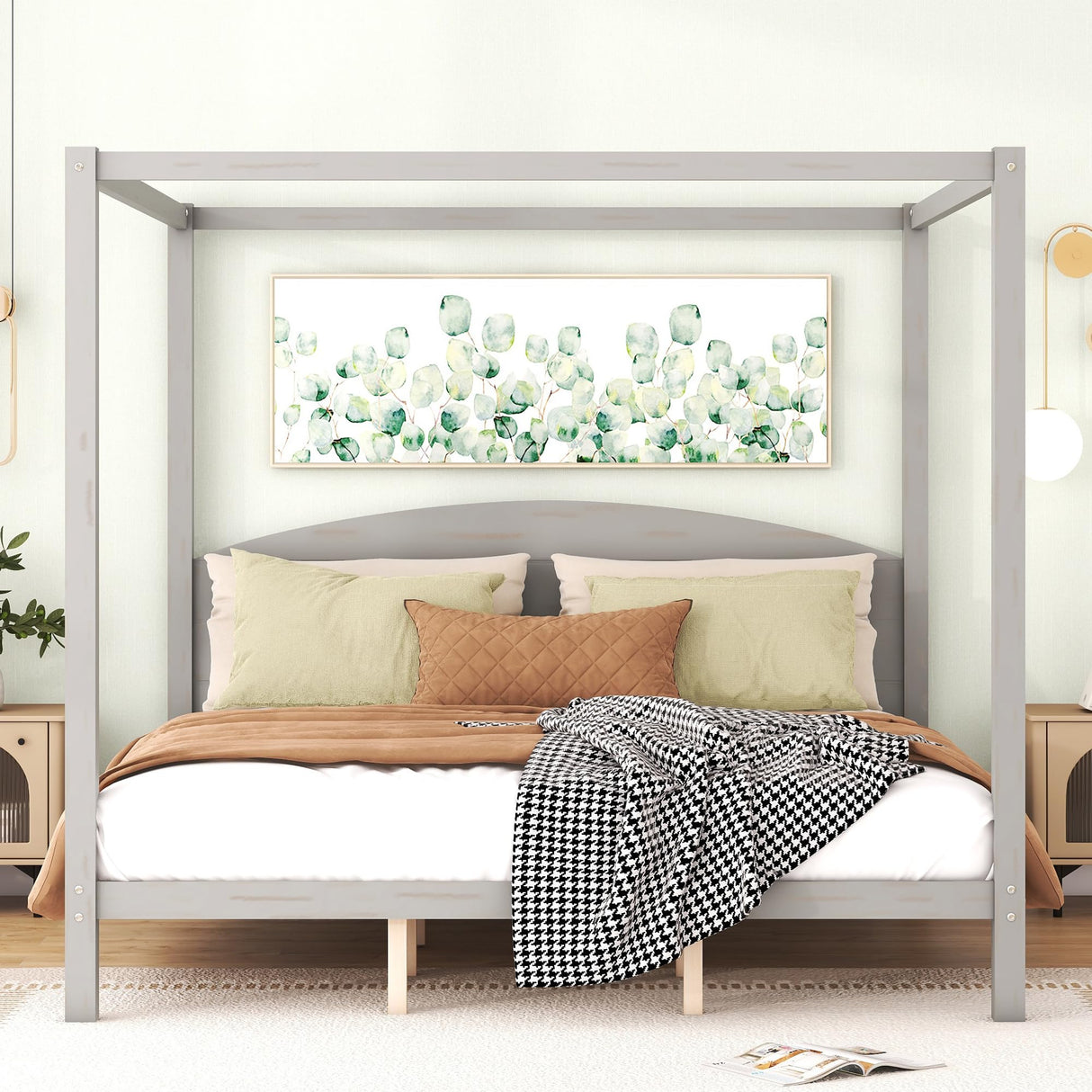 Merax King Size Wood Canopy Bed Frame with Headboard in Grey Wash, Sturdy and Squeak-Resistant Design Merax