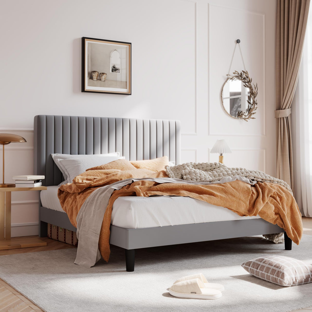 SHA CERLIN Queen Upholstered Platform Bed Frame with Vertical Channel Tufted Velvet Fabric Adjustable Headboard, Wooden Slats Support, Mattress Foundation, Box Spring Optional, Grey SHA CERLIN