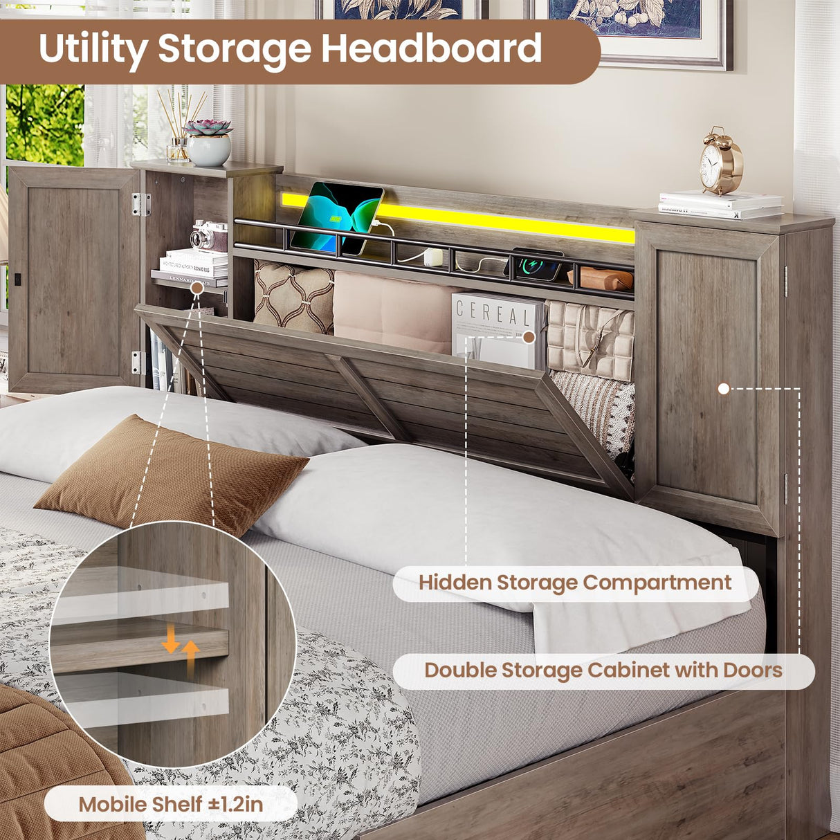 VIAGDO Farmhouse Full Size Bed Frame with Headboard and Double Barn Door Storage Cabinets, Rustic Wooden Bed Frame Full with Charging Station, 4 Drawers and LED Lights, No Box Spring Needed, Grey VIAGDO