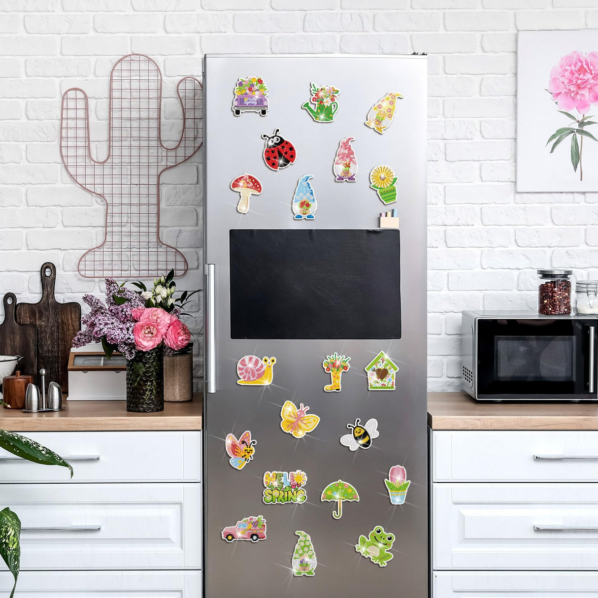 Saillong 20 Pcs Spring Diamond Painting Magnets Flower Butterfly Bee Gnomes Sunflower Diamond Art Magnets Kits Refrigerator Magnetic Stickers for Fridge Home Adults DIY Crafts Saillong