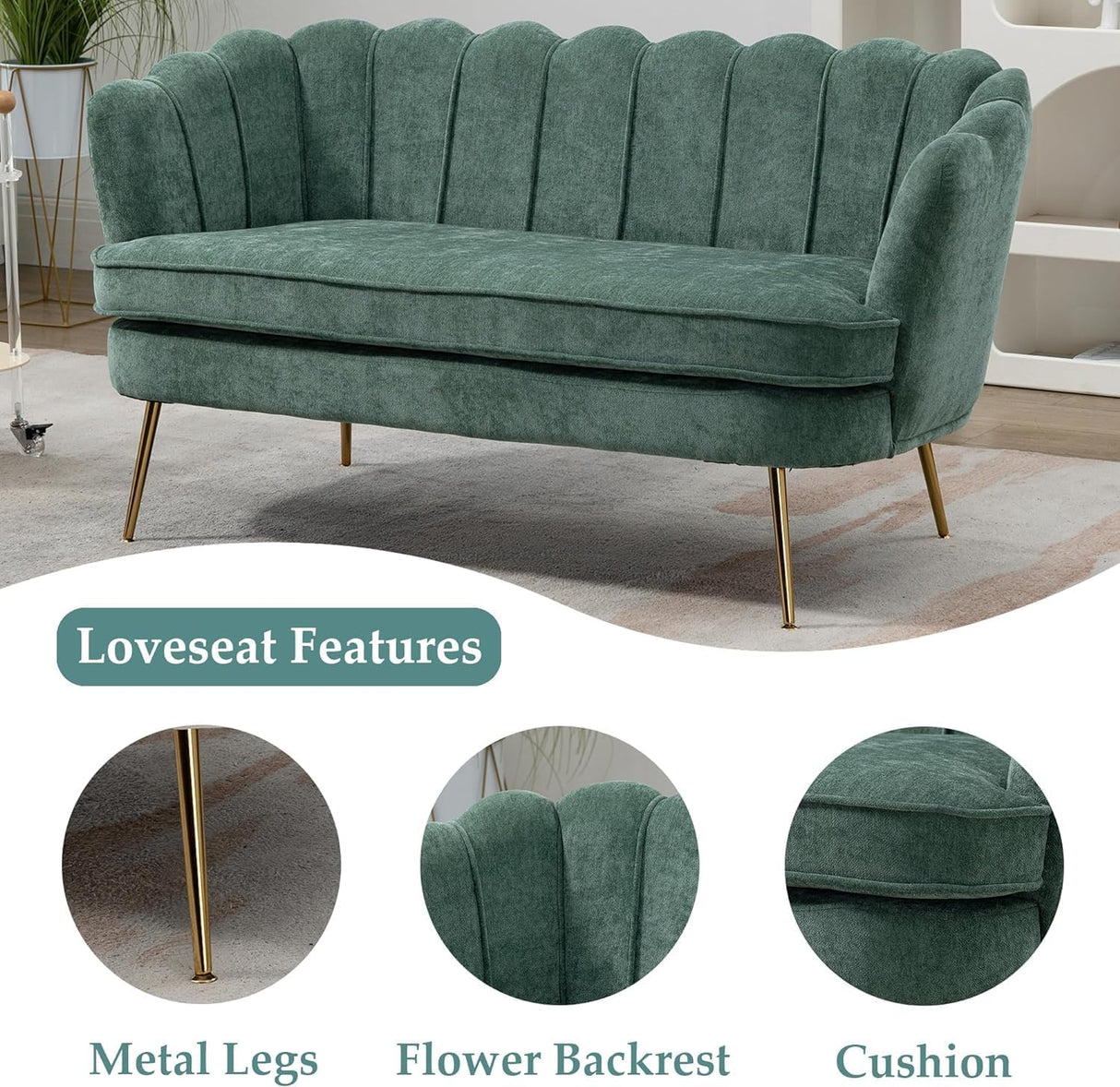 Anwick 59" Small Modern Chenille Loveseat Sofa, 2-Seater Sofa with Gold Metal Legs, Small Couch with Flower Shaped Back for Living Room Bedroom Office(Green) Anwick