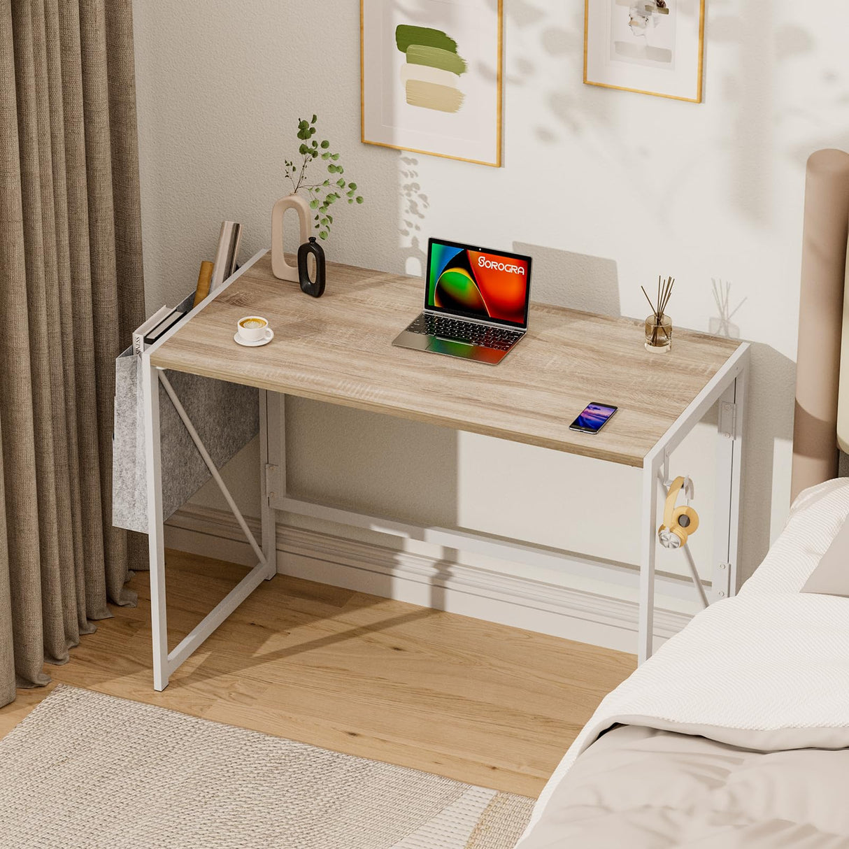 SOROGRA Folding Desk, Small Foldable Desk 39.4 Inch for Small Space, Computer Table Home Office Writing Desk with Storage Bag Headphone Hook, Easy Assembly, Oak SOROGRA
