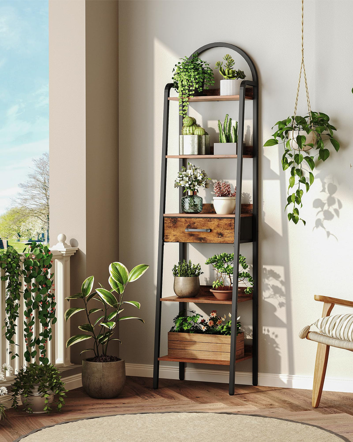 CHOEZON 5 Tier Ladder Shelf with Drawer, Tall Narrow Bookshelf with Storage, Industrial Ladder Bookshelf, Tall Corner Shelves for Living Room, Bedroom, Balcony, Rustic Brown and Black TCJ07BF CHOEZON