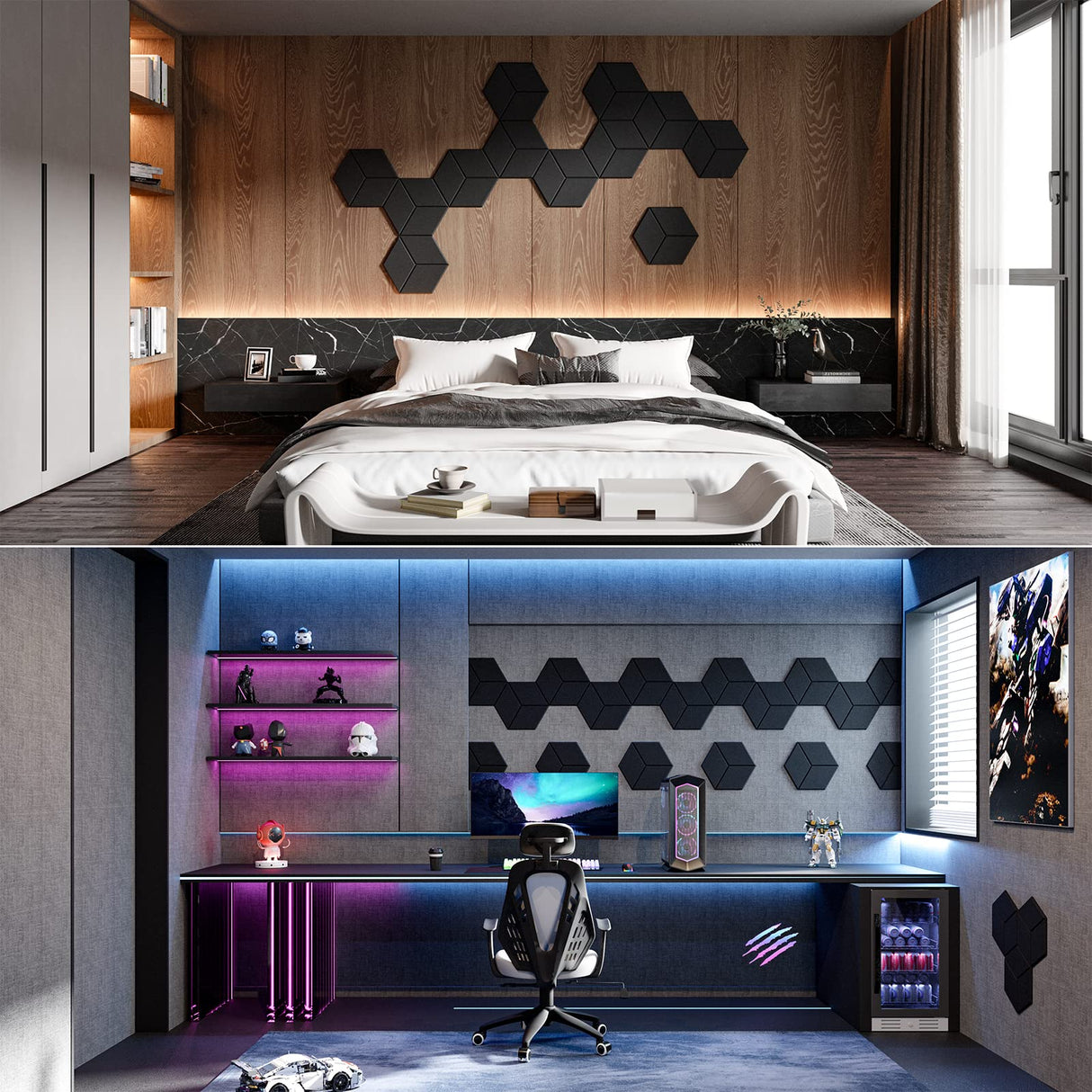 Dailycooper 22 Pack Self-adhesive Acoustic Panels 12" X 10" X 0.4" - Sound Proof Foam Panels with High Density, Fashionable Y-Lined Design, Flame Resistant, Absorb Noise and Eliminate Echoes(Black) Dailycooper