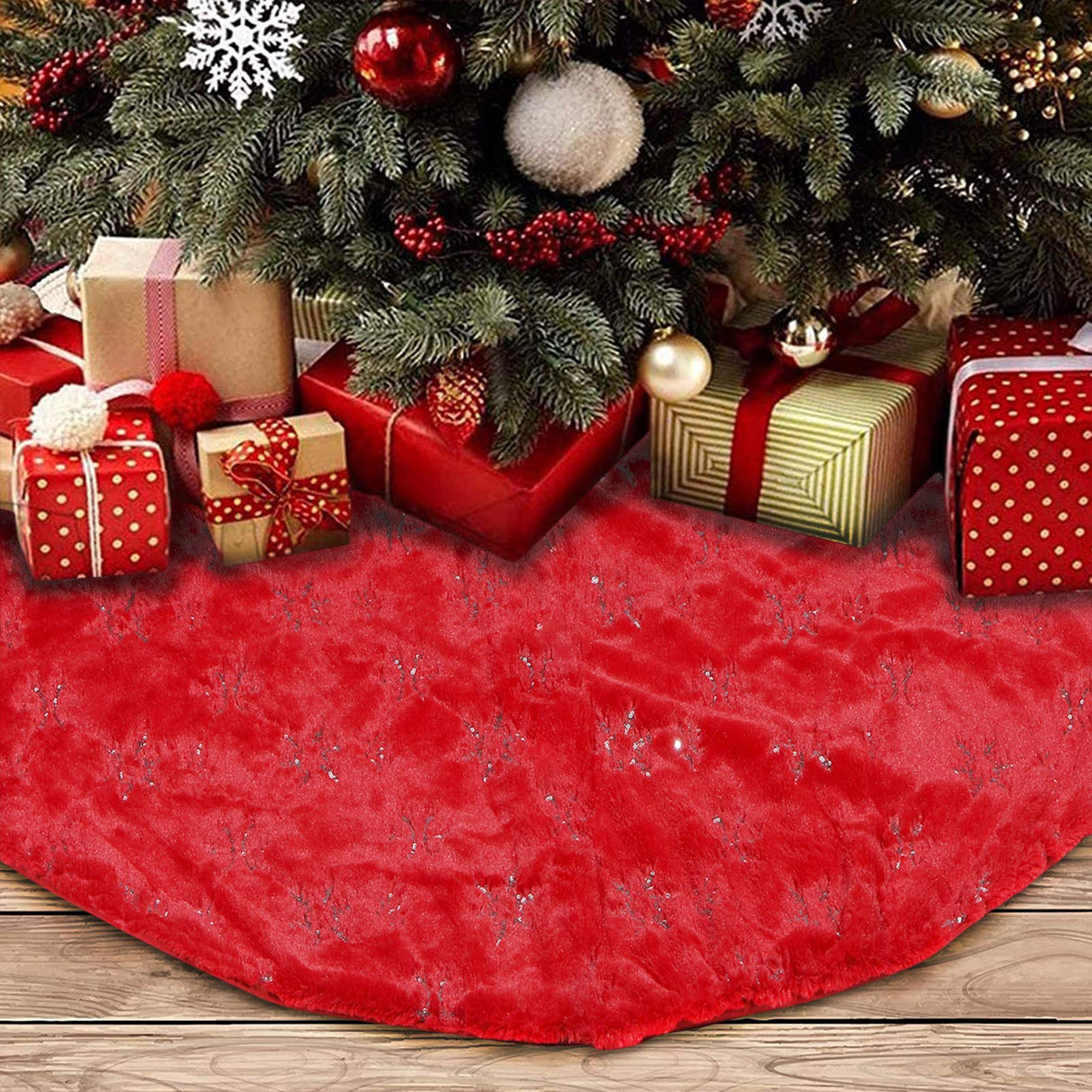 TOBEHIGHER Christmas Tree Skirt - 48 Inches Large Red Tree Skirt with High - End Soft Faux Fur Tree Skirt for Christmas Decorations Indoor Outdoor - Red TOBEHIGHER
