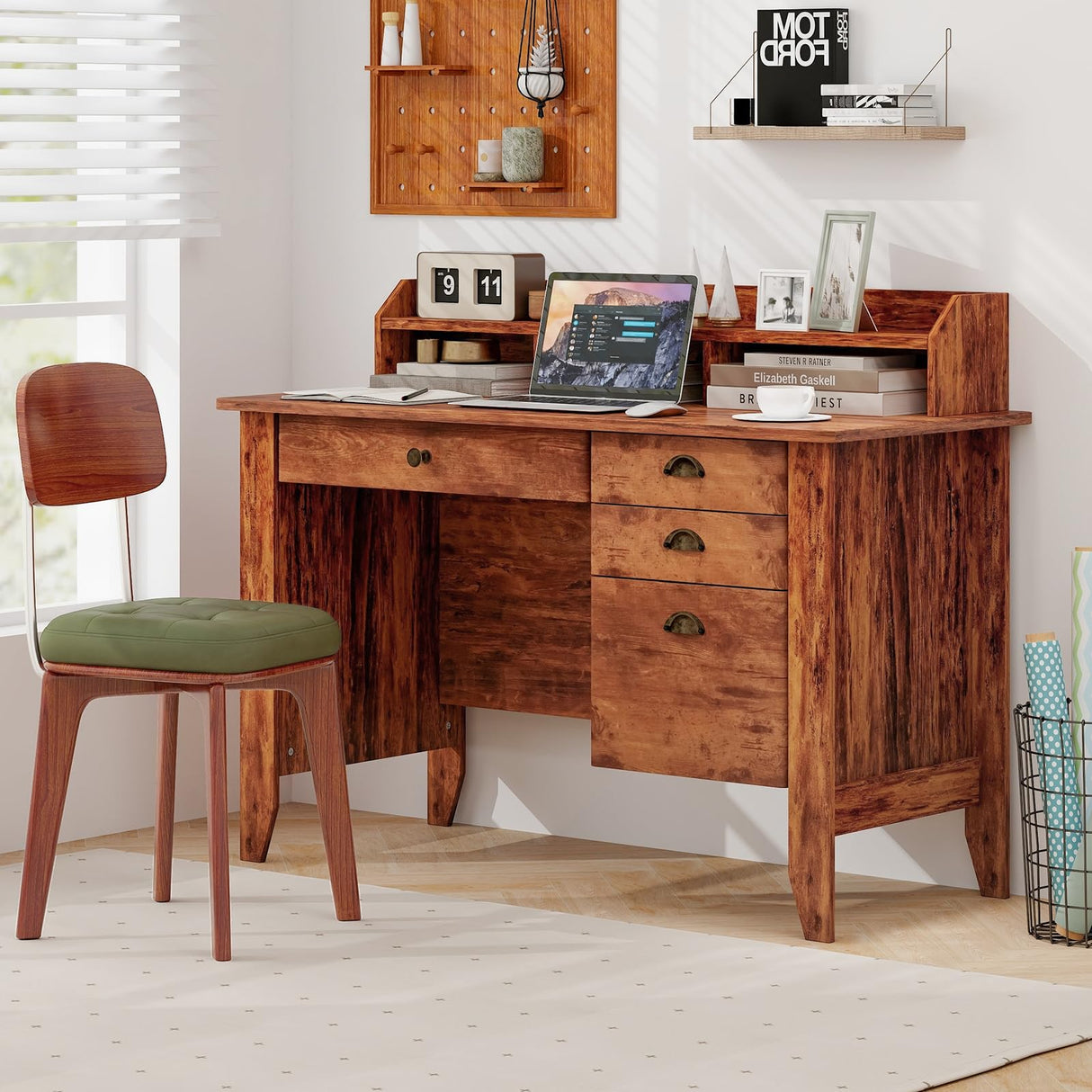 Safeplus 48" Computer Desk with 4 Storage Drawers and Hutch Wood Executive Table for PC Laptop Safeplus