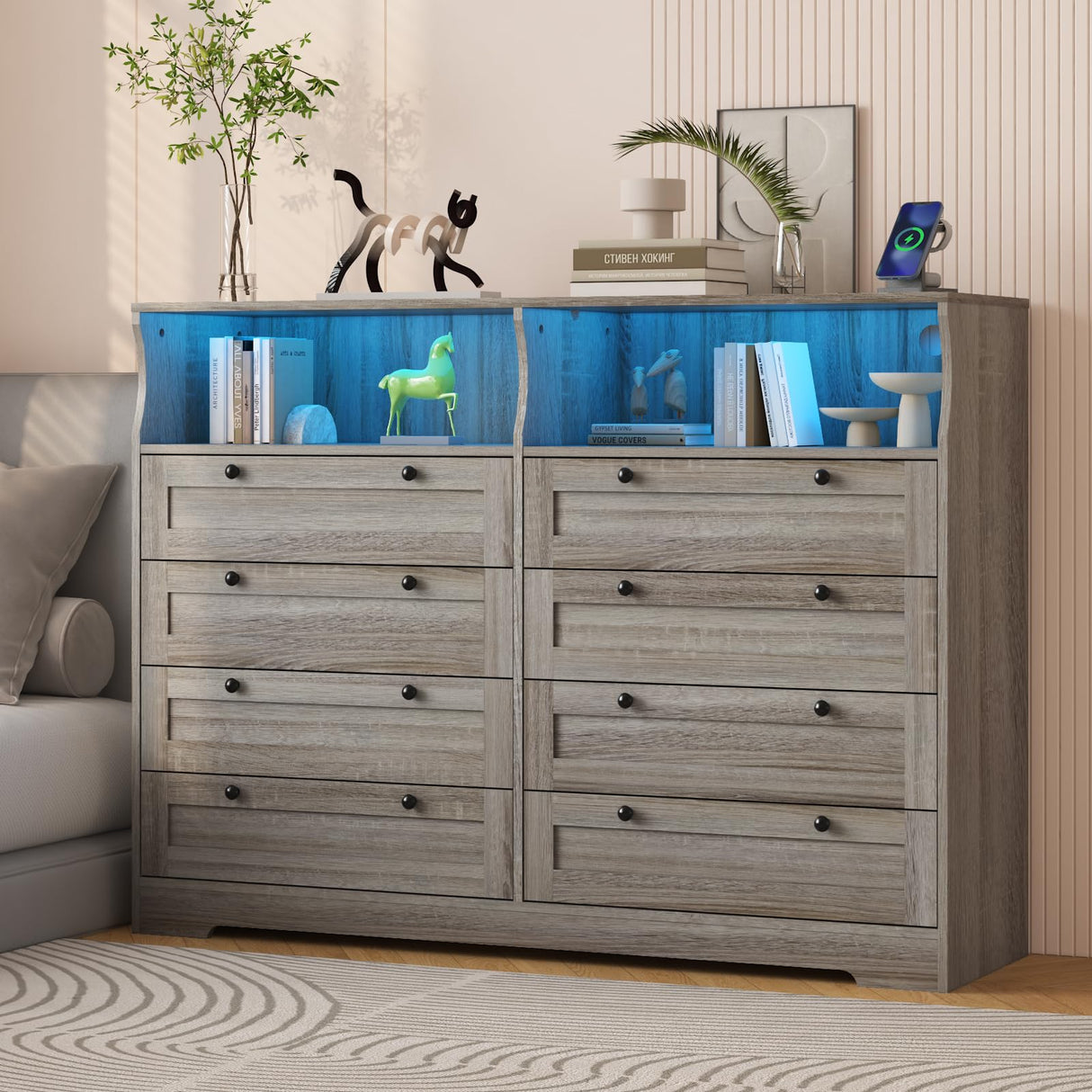 Patikuin Dresser with 8 Drawers, Wood Bedroom Dresser with Charging Station & LED Lights, Modern Dressers & Chest of Drawers for Bedroom, Living Room, Hallway, Entryway, Antique Light Color Patikuin
