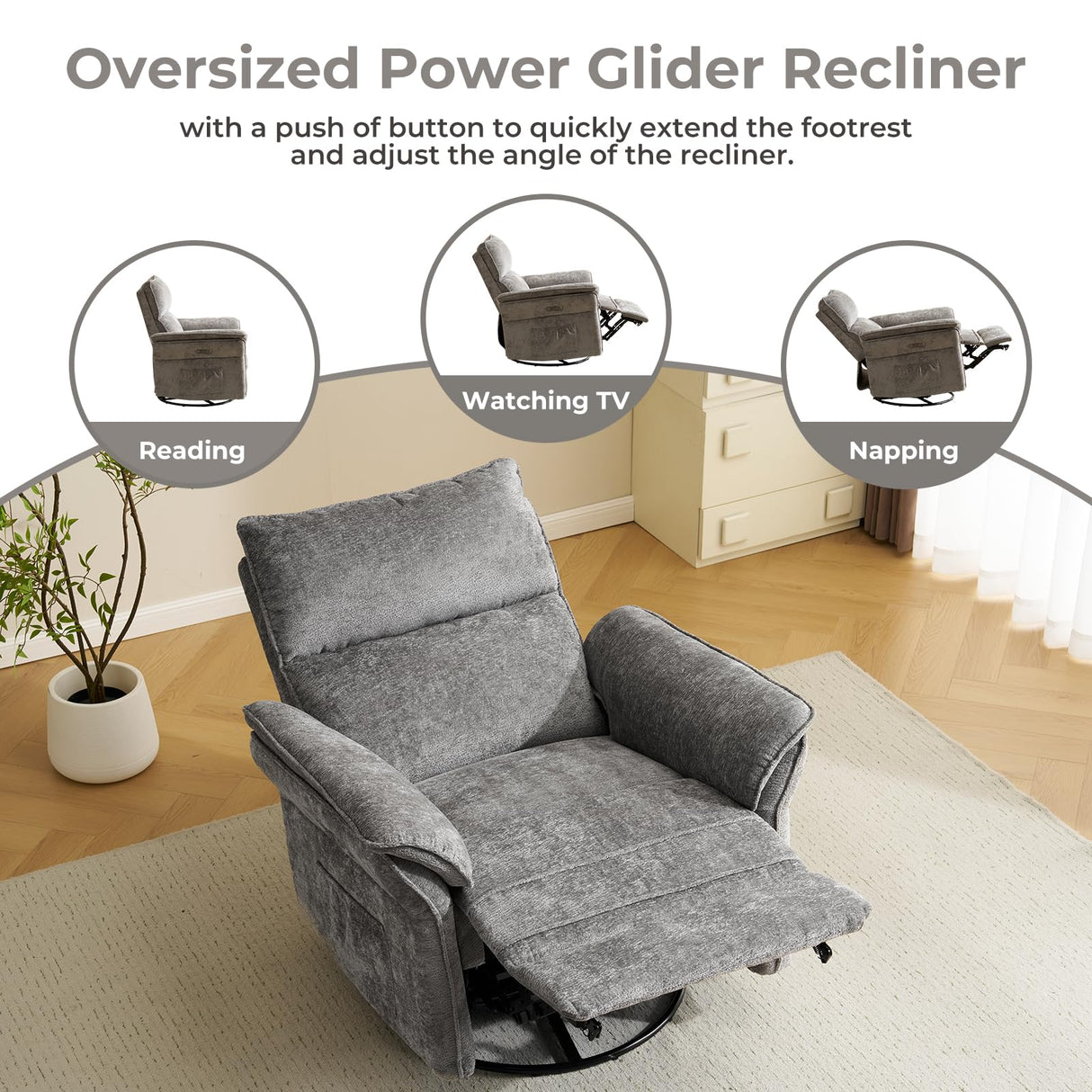 Rhevoy Oversized Power Recliner Chair Swivel Glider with Massage and Heat, Rocker Nursery Recliner for Adults with Adjustable Headrest, 26" Extra Wide Nursery Chair with Overstuffed Armrest, Dark Grey Rhevoy