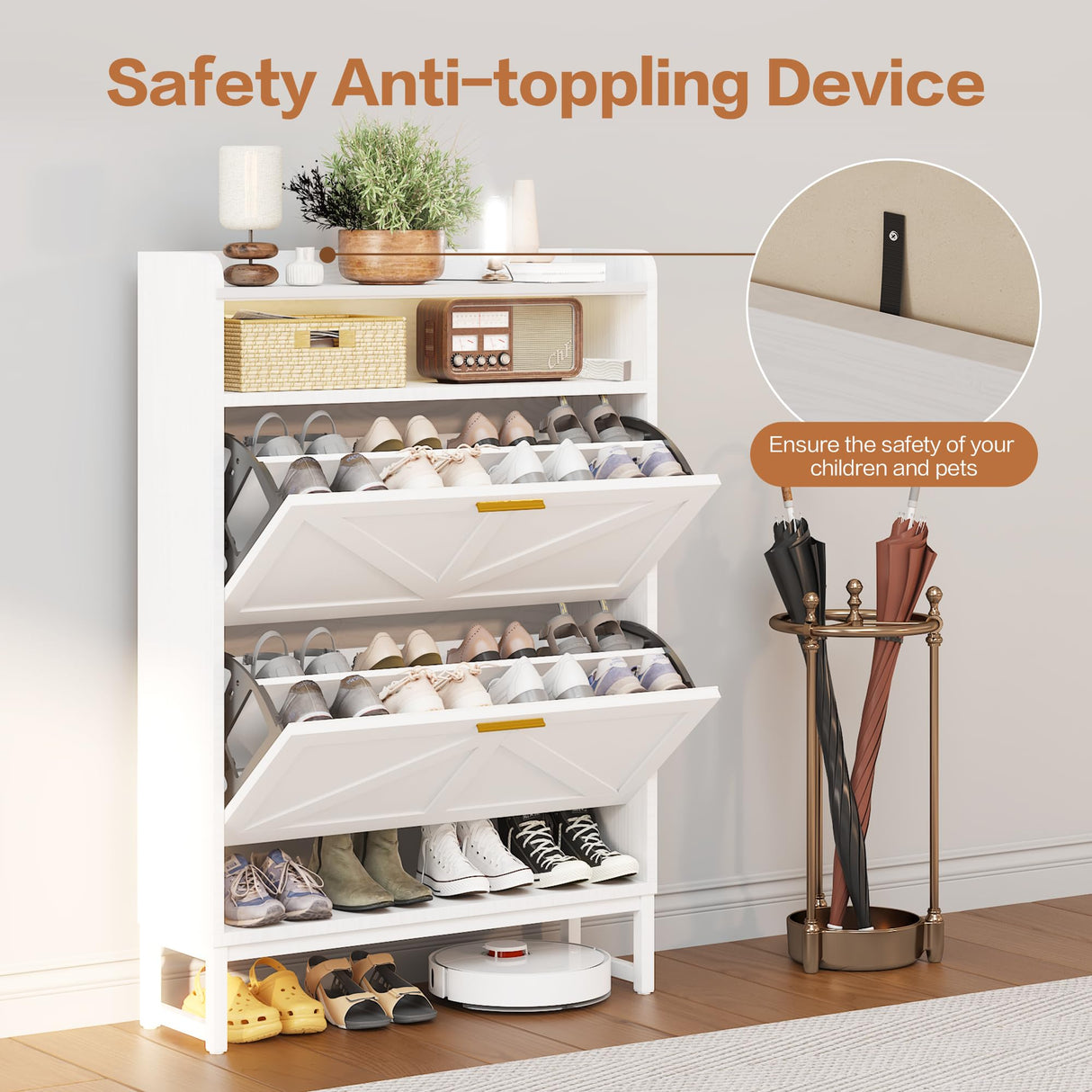 spanspace Freestanding Shoe Storage Cabinet for Entryway, Farmhouse Shoe Rack Cabinet with Open Shelf & 2 Flip-Drawer, Metal Legs for Hallway spanspace