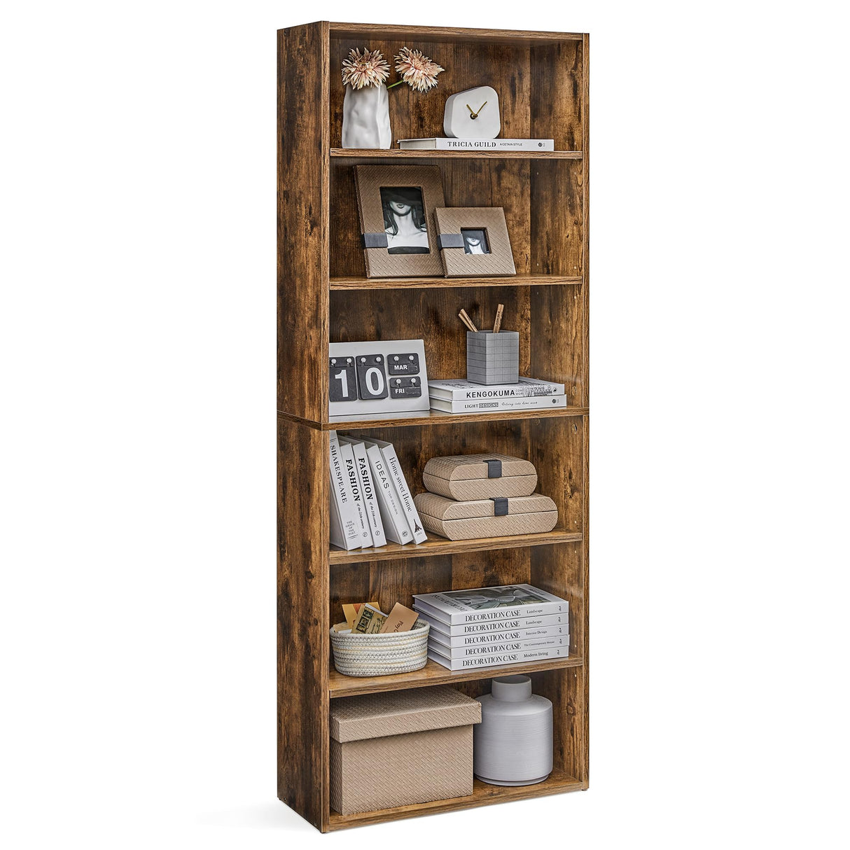 VASAGLE Rustic Brown 6-Tier Open Bookshelf with Adjustable Shelves and Anti-Tip Kit VASAGLE