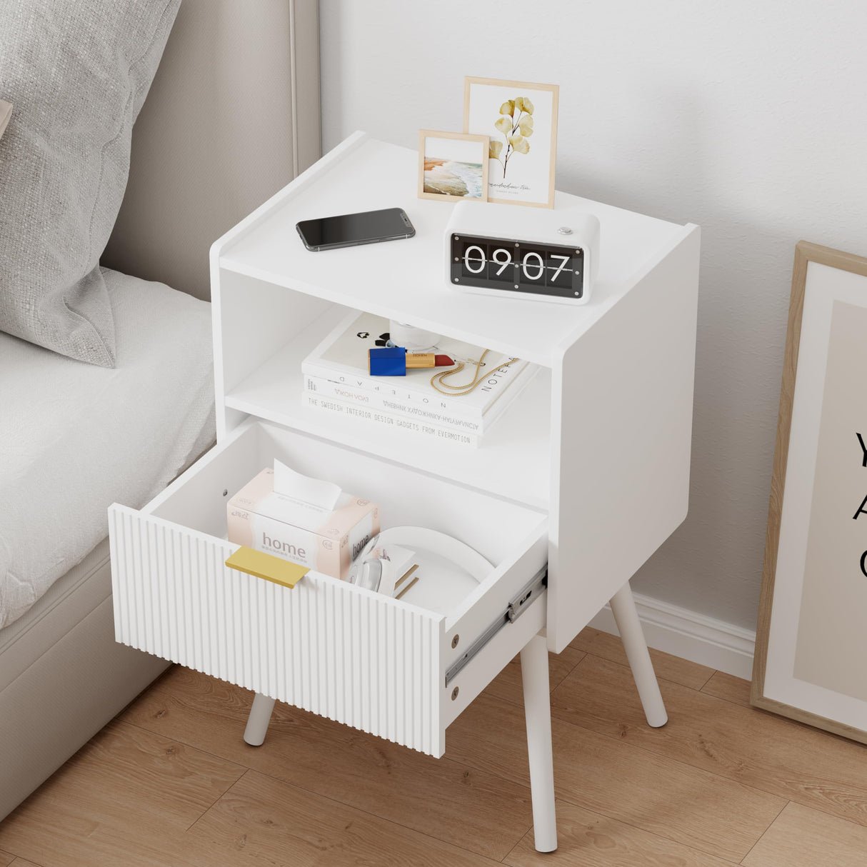 JOONEE White Nightstand,Modern Bedside Table with Storage Drawer and Open Wood Shelf, for Living Room, Bedroom and Small Spaces, Accent Night Stand with Solid Wood Legs, Easy Assembly,Classic White JOONEE