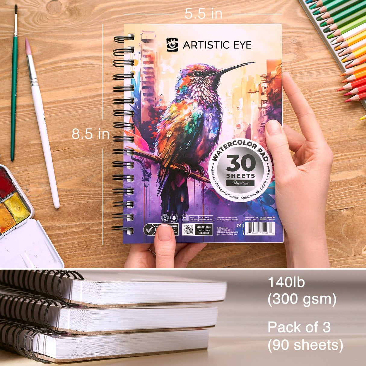 ARTISTIC EYE 5.5x8.5 Premium Watercolor Pads, Pack of 3 (90 Sheets), Spiral Bound, 140lb (300gsm), Acid-Free Paper, Perfect for Most Wet & Dry Media, Ideal for Beginners, Artists & Professionals ARTISTIC EYE