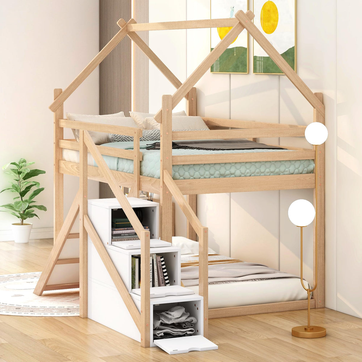 Merax Twin Over Twin Wooden Bunk Bed with Slide and Storage Staircase, House-Shaped Loft Bed Frame for Children's Room, Bedroom, No Box Spring Needed, Easy Assembly, Natural Merax