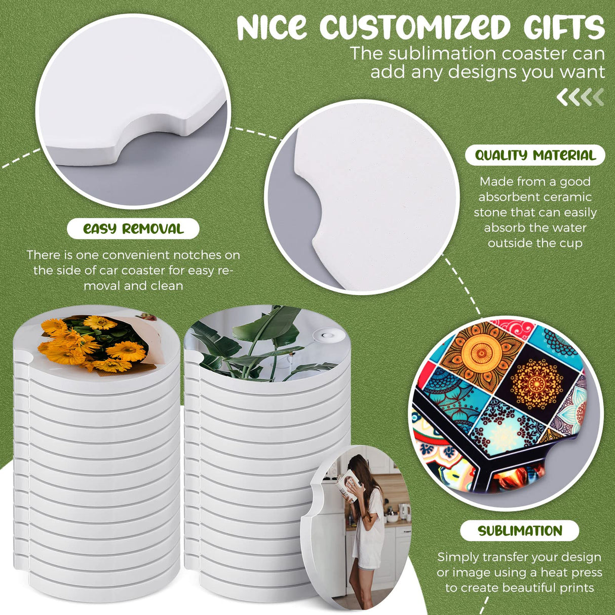 Ceramic Car Sublimation Blanks Cupholders Sandstone for Car Cup with Finger Notch for Easy Removal Car Ceramic Auto Cupholder Keep Vehicle from Cold Drink Sweat Stain Spill (50 Pieces) Frienda