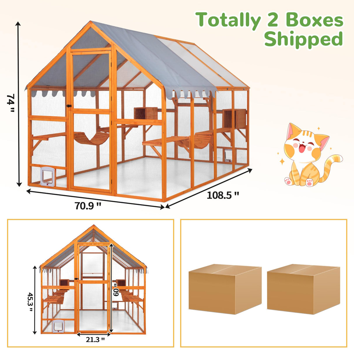 Extra Large Catio Outdoor Cat Enclosure, 53.5ft² Large Cat Run Wooden Cat House with Weatherproof Roof, Walk-in Doors with Lock, Window Access, 110" L x 71" W x 74" H, Orange Nyeekoy