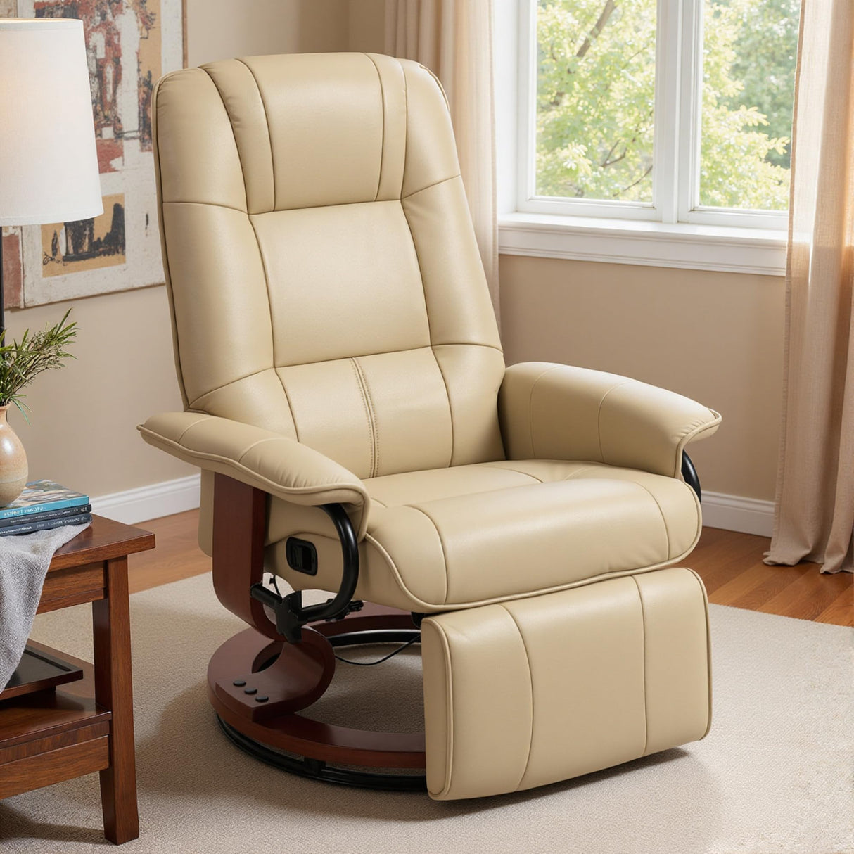 HOMCOM Swivel Recliner Chair, PU Leather Adjustable Lounge Chair with Footrest, Armrest, Wooden Base, Plush Recliner for Living Room, Cream White HOMCOM