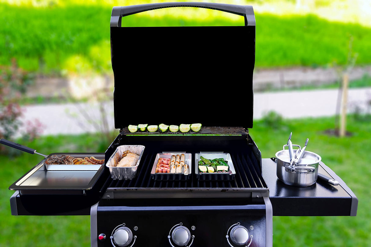 Yukon Glory™ BBQ 'N SERVE Grill Basket Set - Includes 3 Grilling Baskets a Serving Tray & Clip-on Handle - "Patented Grill-to-Table Design" Perfect For Grilling Fish Veggies & Meats Yukon Glory