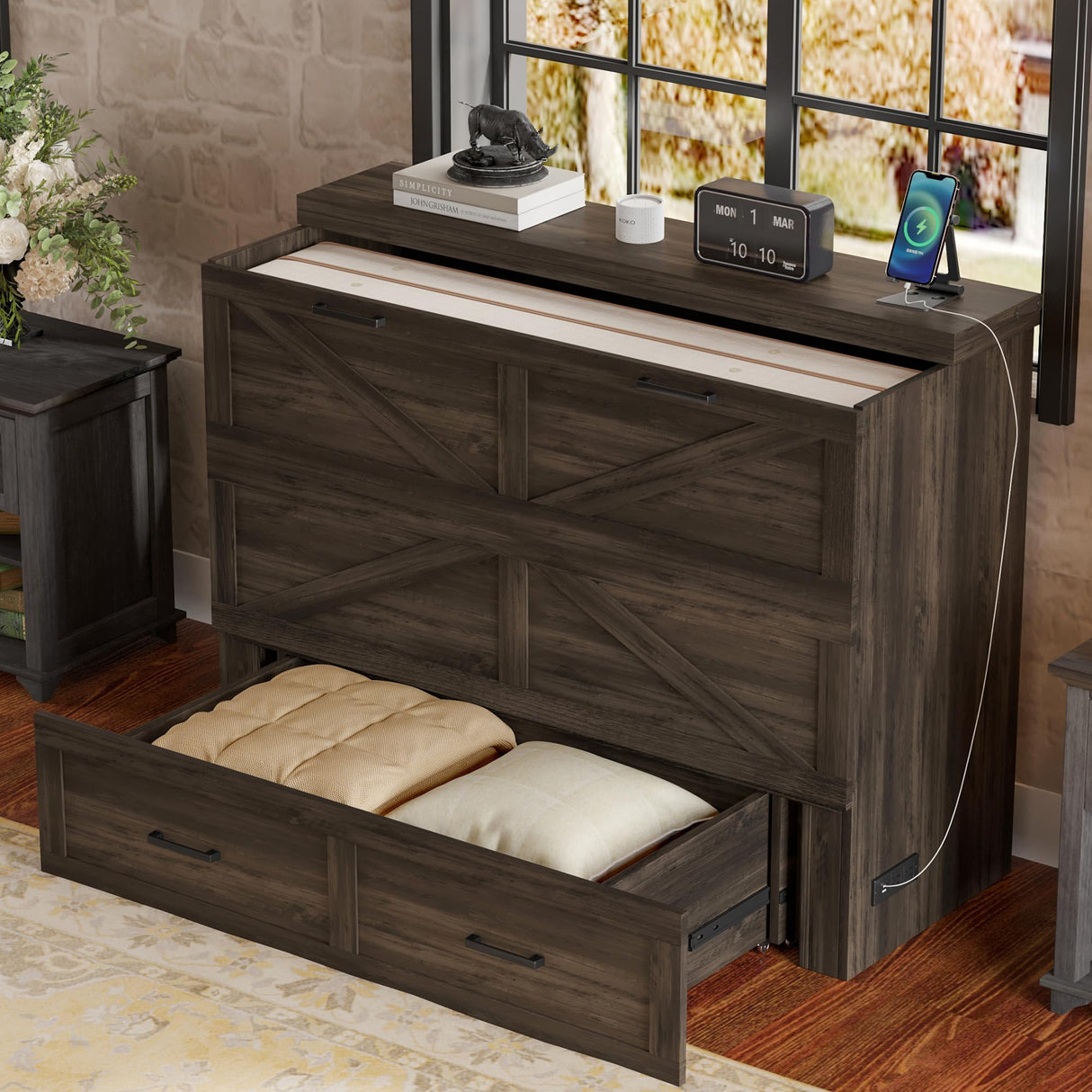 P PURLOVE Full Farmhouse Murphy Bed with Charging Station, Mobile Cabinet Bed with Large Storage Drawer for Guest-Room and Small Bedroom (Rustic Gray) P PURLOVE
