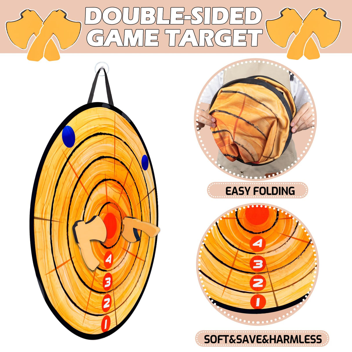 JstFrU Foam Axe Throwing Game Set,26 inch Large Dart Board,Indoor Outdoor Target Game,Includes a 26 Inch Double-Sided Easy Fold Target,2 Foam Axes,12 Sticky Balls,a Carry Bag,2 Hooks JstFrU