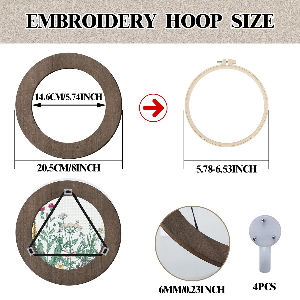 Weysat 4 Pcs 6 Inch Wood Embroidery Hoop Frame Round Wooden Embroidery Wood Display Frame Circle for Finished Cross Stitch Hoop DIY Art Craft Sewing Ornaments Weysat