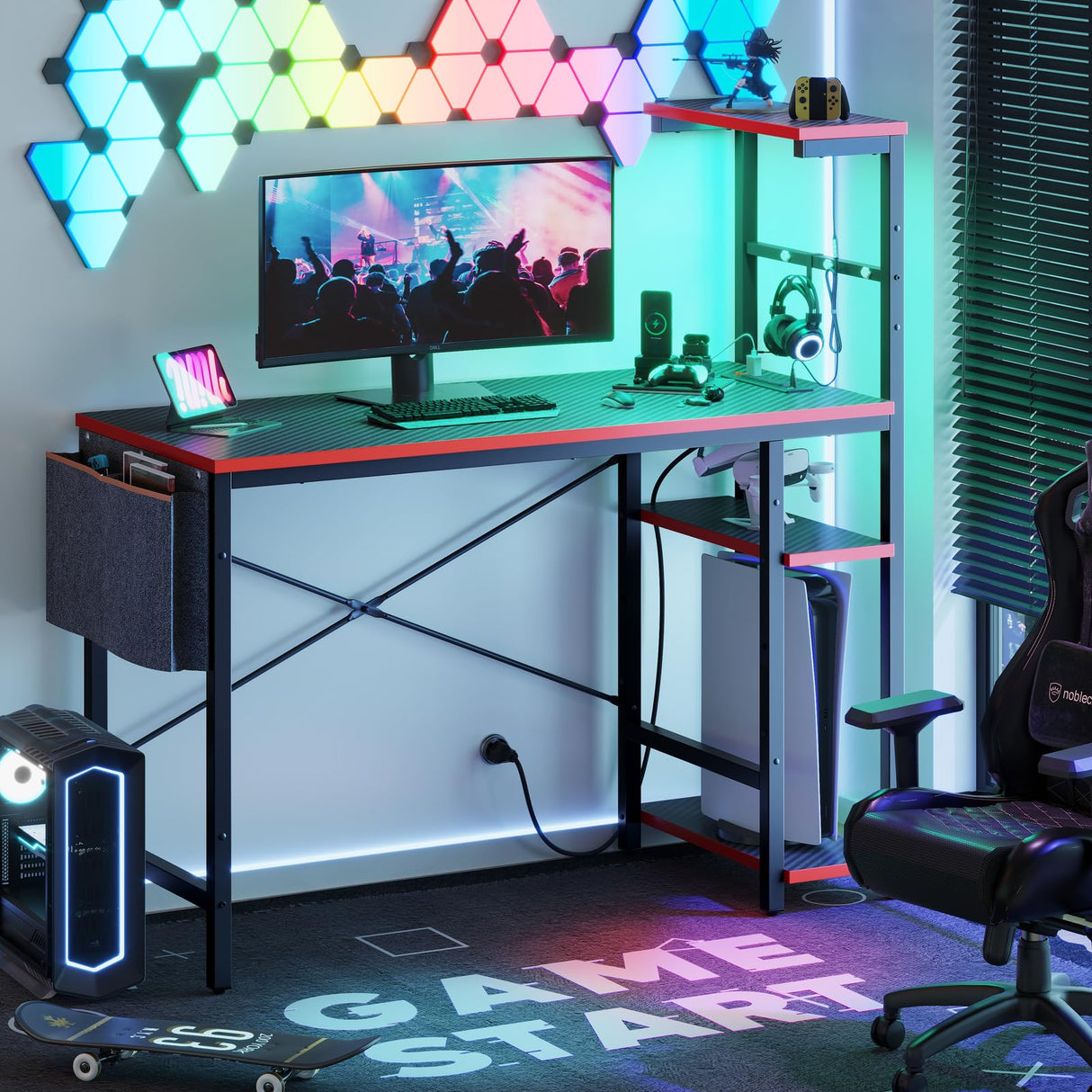 Bestier Gaming Desk with Power Outlets, 44 Inch Led Gamer Desk with 4 Tiers Reversible Shelves, PC Gaming Table with Headset Hook & Side Storage Bag for Bedroom (Black 3D Carbon Fiber) Bestier