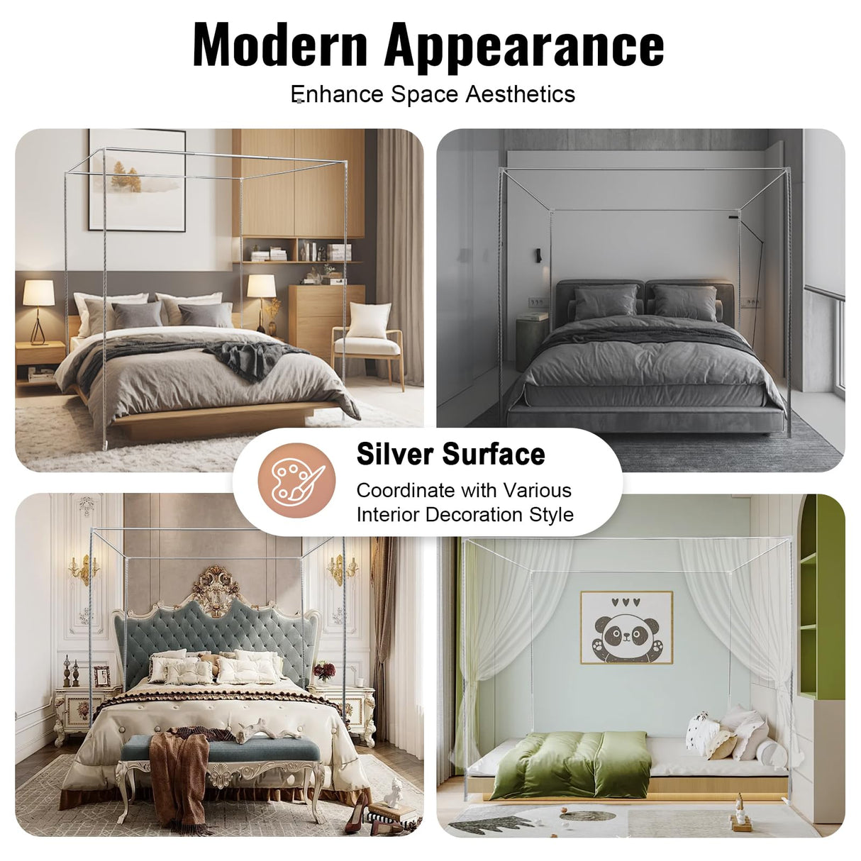 LOYALHEARTDY Canopy Bed Frame Stainless Steel Full Size Bed Canopy Frame Bed Post Poles Fit for Four-Corner Bed and Mos-Quito Curtains, Silver (59" X 78" X 78") LOYALHEARTDY