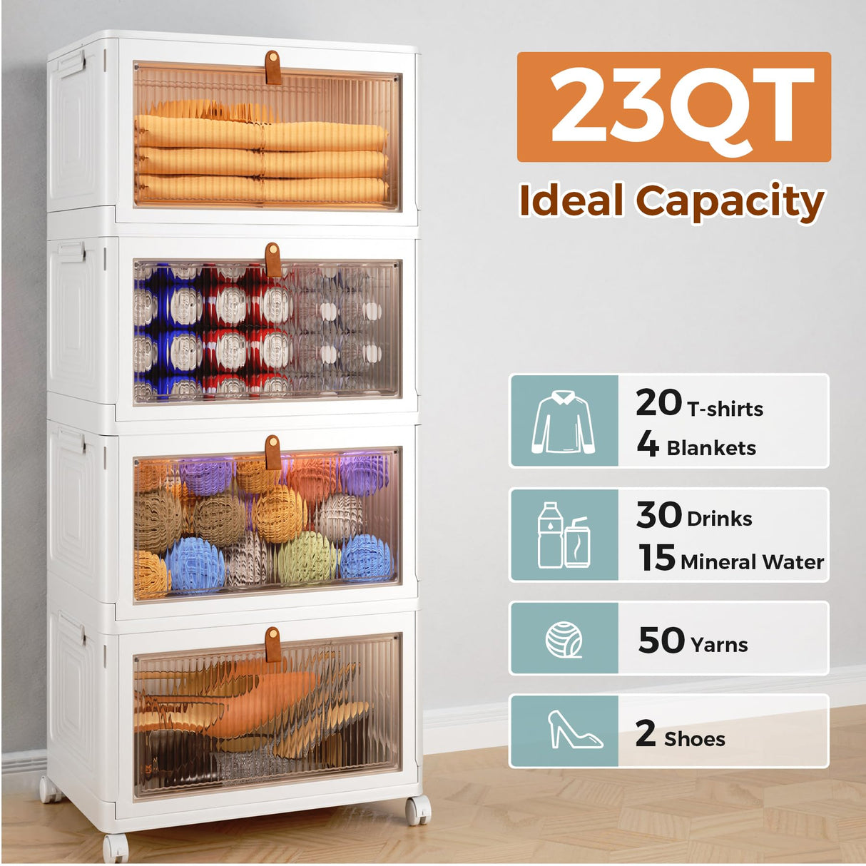 4 Tier Stackable Plastic Storage Bins with Lid and Wheels - 23 QT Closet Organizers and Storage, Foldable Storage Containers, Organization and Storage Boxes for Craft, Home, Pantry, Office, Dorm Wise Oannes