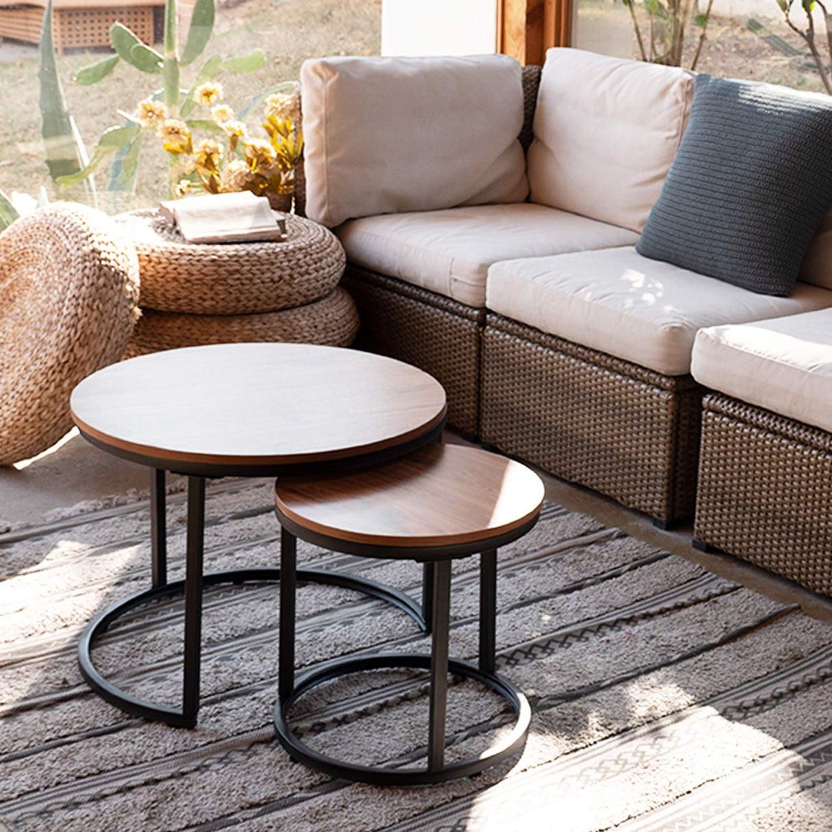 aboxoo Coffee Table Nesting Side Round Set of 2 End Table Top Sturdy Metal Frame Desk Centerpiece Living Room Bedroom Apartment Modern Industrial Simple Nightstand aboxoo