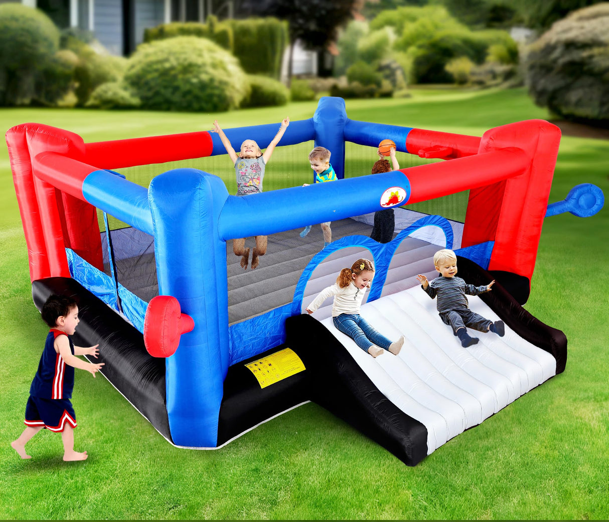 WELLFUNTIME Inflatable Bounce House with Slide, 15.3ft x 14.7ft, Jumping Castle with Blower, Dartboard, Dual Basketball Hoop, Dual Kicking Boards, Jumping Area for 6 Kids WELLFUNTIME