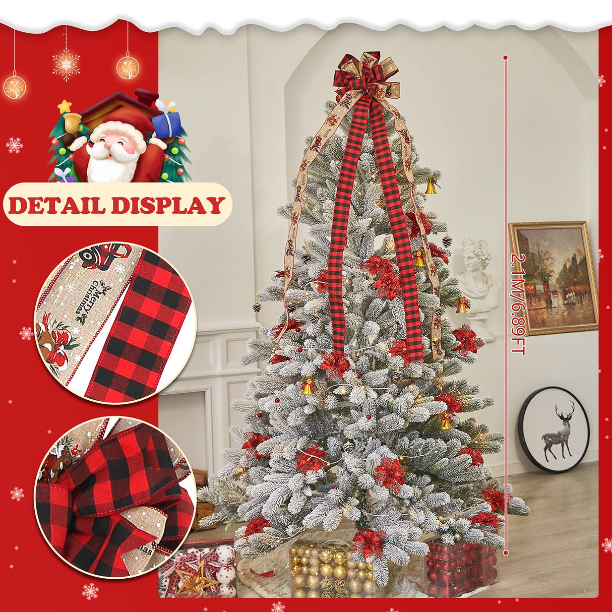 MTSCE Christmas Tree Topper, 57x 13 Inches Handmade Buffalo Plaid Christmas Decorations, Red Black Christmas Bow Topper, Rustic Farmhouse Xmas Decorations Home Decor MTSCE