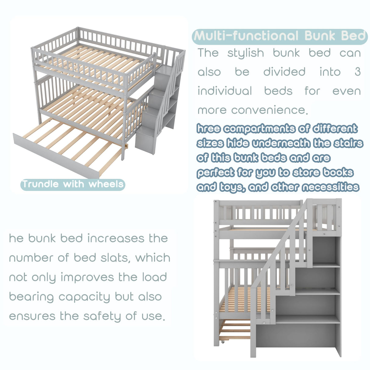 Full Over Full Bunk Beds with Trundle and Stairs Stairway Bunk Bed Frame with Storage Shelves for Kids Teens Adult, Detachable Wood Full Bunk Bed for Boys Girls Adults, Gray Bellemave