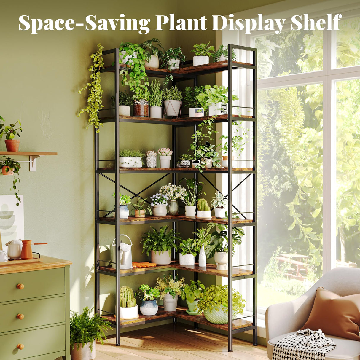 Huuger 6 Tier Bookshelf, L Shaped Corner Bookshelf with Open Shelves, 49.4 Inch Straight Wide Bookcase with Metal Frame and Wooden Board, Adjustable Feet, Rustic Brown Huuger