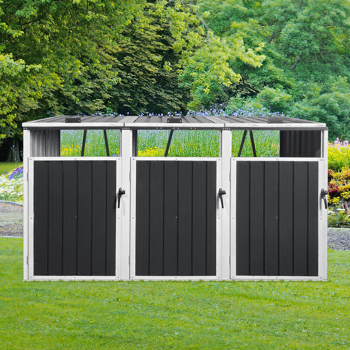 Metal Outdoor Garbage Bin Shed, Lockable Storage Shed for 3 Trash Cans, Galvanized Steel Waste Bin Storage Shelter for Garden, Yard, Patio, Grey Heliodeck