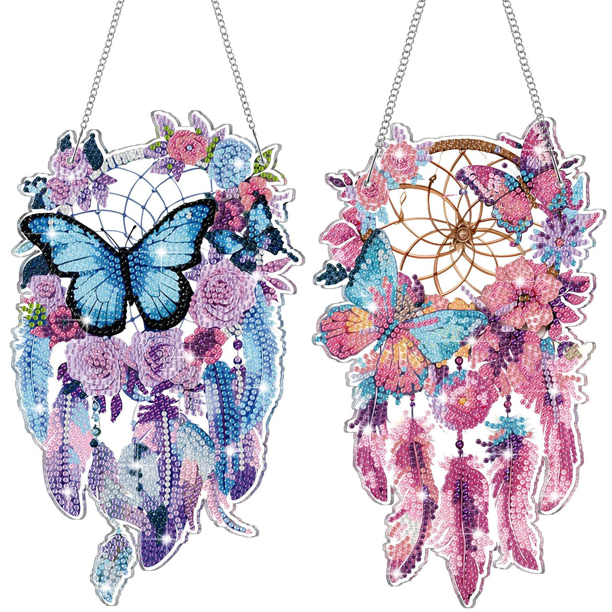 Saillong 2 Pcs Dream Catcher Diamond Art Painting Kits for Adults DIY Purple Butterfly Suncatcher Hanging Diamond Art Painting Wind Chime Hanging for Home Window Door Decor Saillong