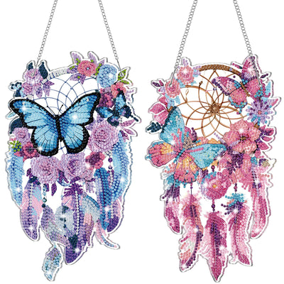 Saillong 2 Pcs Dream Catcher Diamond Art Painting Kits for Adults DIY Purple Butterfly Suncatcher Hanging Diamond Art Painting Wind Chime Hanging for Home Window Door Decor