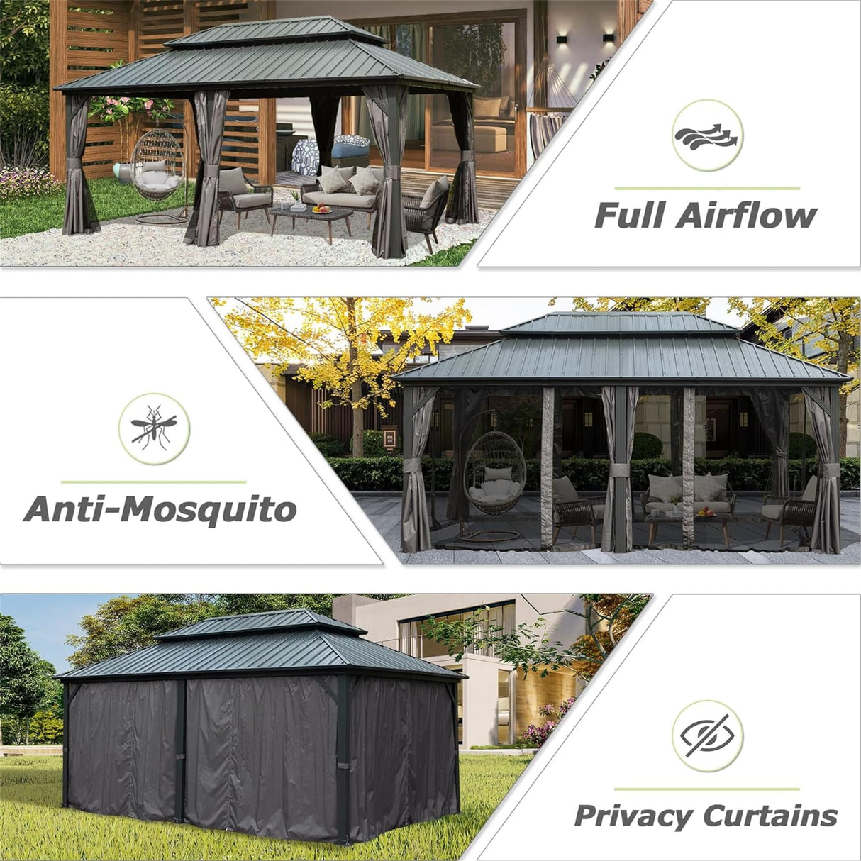 12' X 18' Hardtop Gazebo, Aluminum Metal Gazebo with Galvanized Steel Double Roof Canopy, Curtain and Netting, Permanent Gazebo Pavilion for Patio, Backyard, Deck, Lawn GOWE