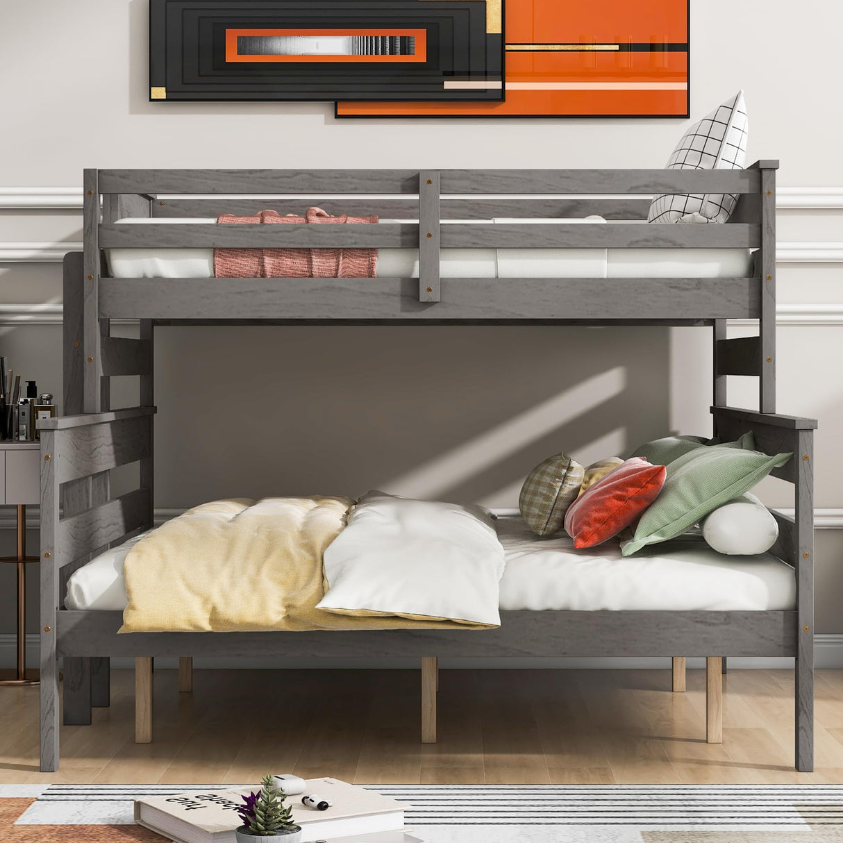 Harper & Bright Designs Twin XL Over Queen Bunk Bed with Ladder in Grey - Stylish and Sturdy Wood Frame Harper & Bright Designs