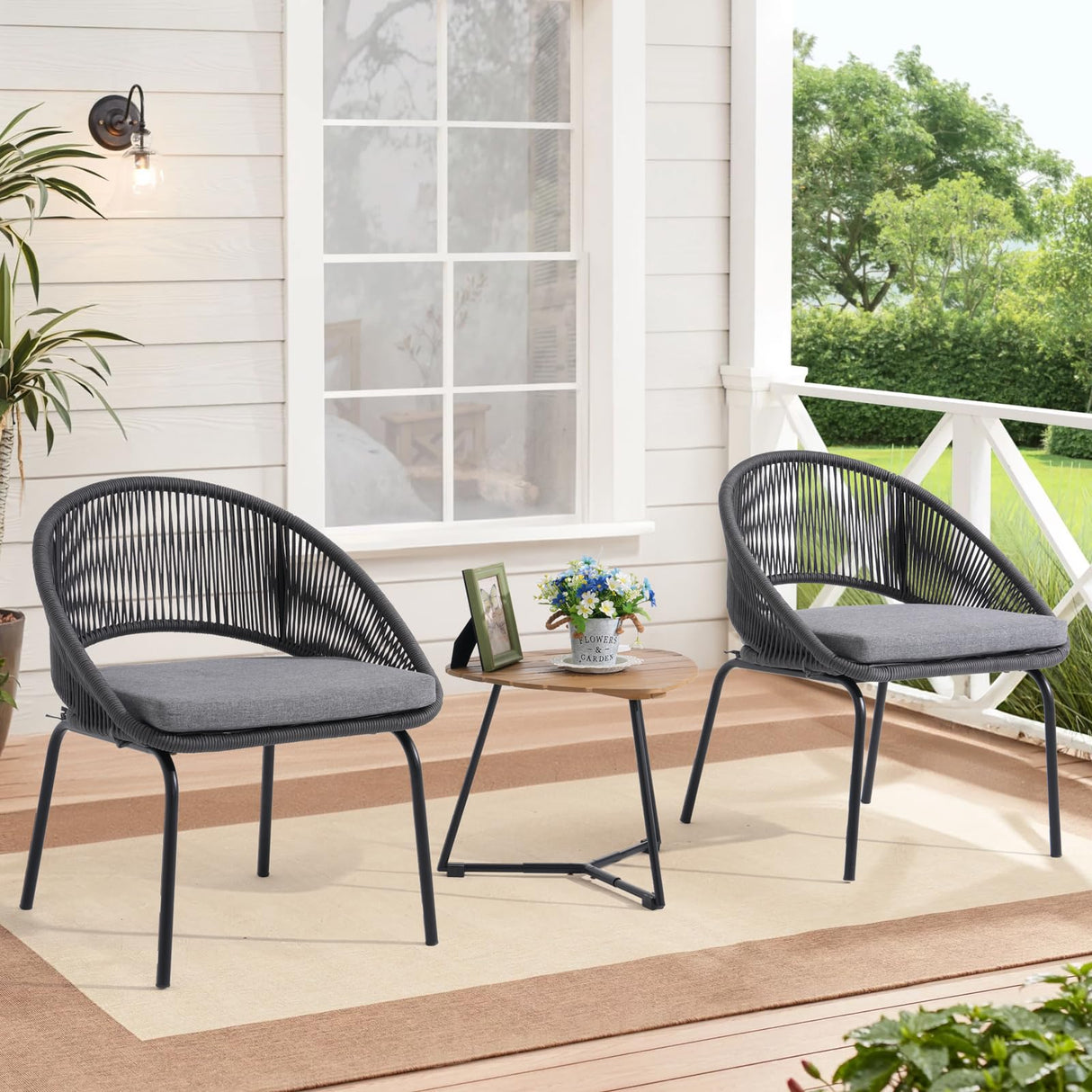 Yangming Patio Furniture Set, 3 Piece Outdoor Bistro Chair Conversation Sets Woven Rope with Wood Coffee Table for Yard Backyard Lawn Garden Porch Backyard Deck Poolside Balcony Yangming