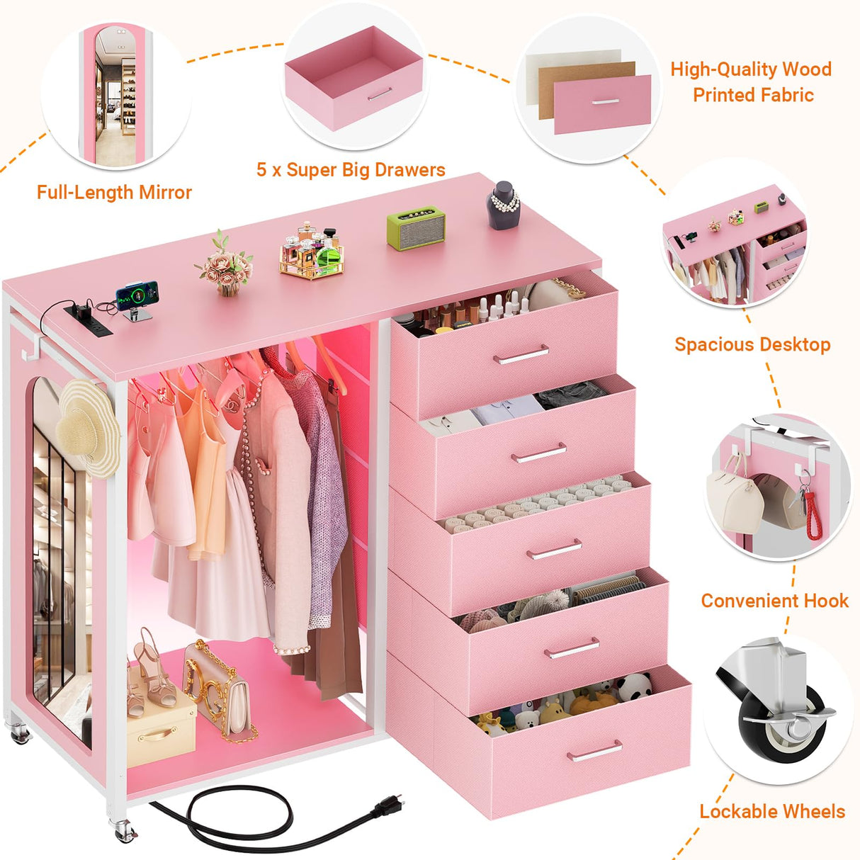 Cyclysio Dresser for Bedroom with Clothes Rack & Mirror, Pink 5 Drawers Dresser with Charging Station & LED Lights, Rolling Chest of Drawers with Wheels, Full Length Mirror, Wooden Top,Bedroom,Closet Cyclysio