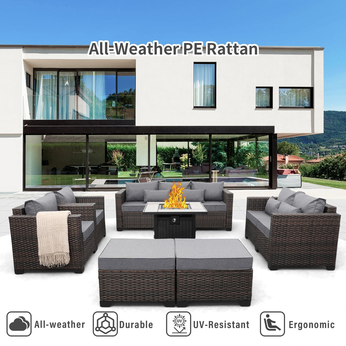 Valita 7 Pieces Patio Furniture Set,9-Seats Outdoor Wicker Sectional Sofa Brown Rattan Modular Patio Conversation Chair Set with 50000 BTU Fire Pit Table,Washable Cushions(Grey) Valita