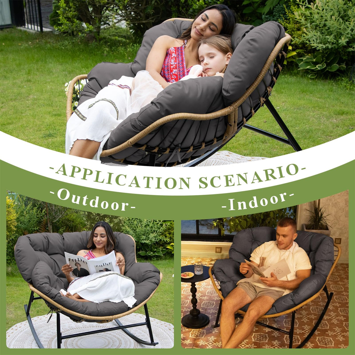 FINCATI Indoor Outdoor Papasan Rocking Chairs,Modern Large Reading Lounge Chair with Cushion,Rattan Royal Egg Chair for Bedroom Living Room Porch Garden(Dark Gray) FINCATI