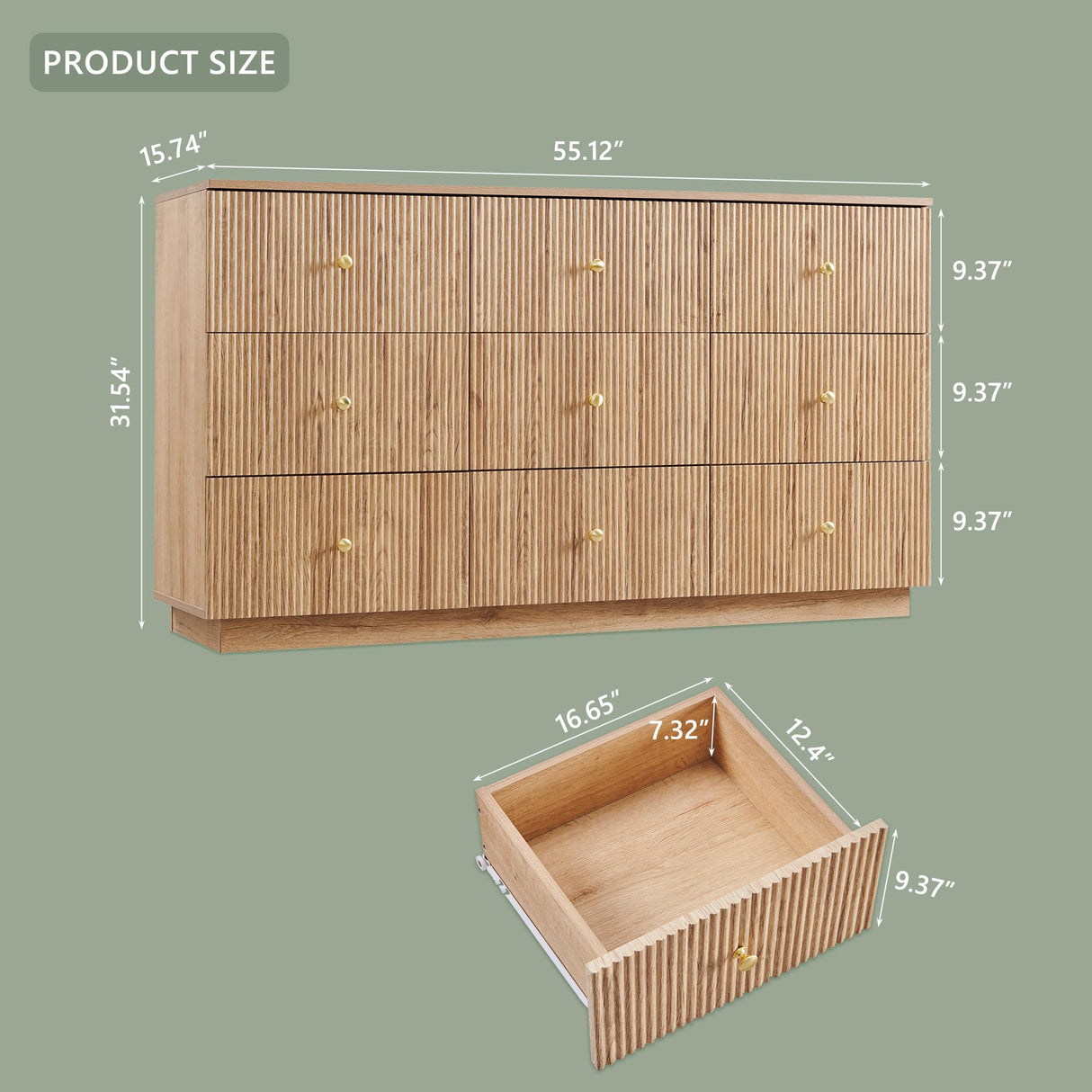 wow97e Fluted Dresser for Bedroom, 55" W 9 Drawer Dressers, Wood Tall Dresser Storage Organizer, Modern Bedroom Chest of Drawers with Deep Storage for Closet Hallway, Entryway, Living Room Natural wow97e