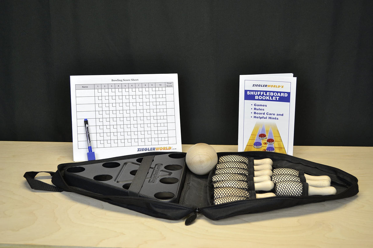 Zieglerworld Table Shuffleboard Bowling Brown Pins - Pinsetter - Rules Booklet - Score Chart - Carrier Bag & Wood Ball Zieglerworld