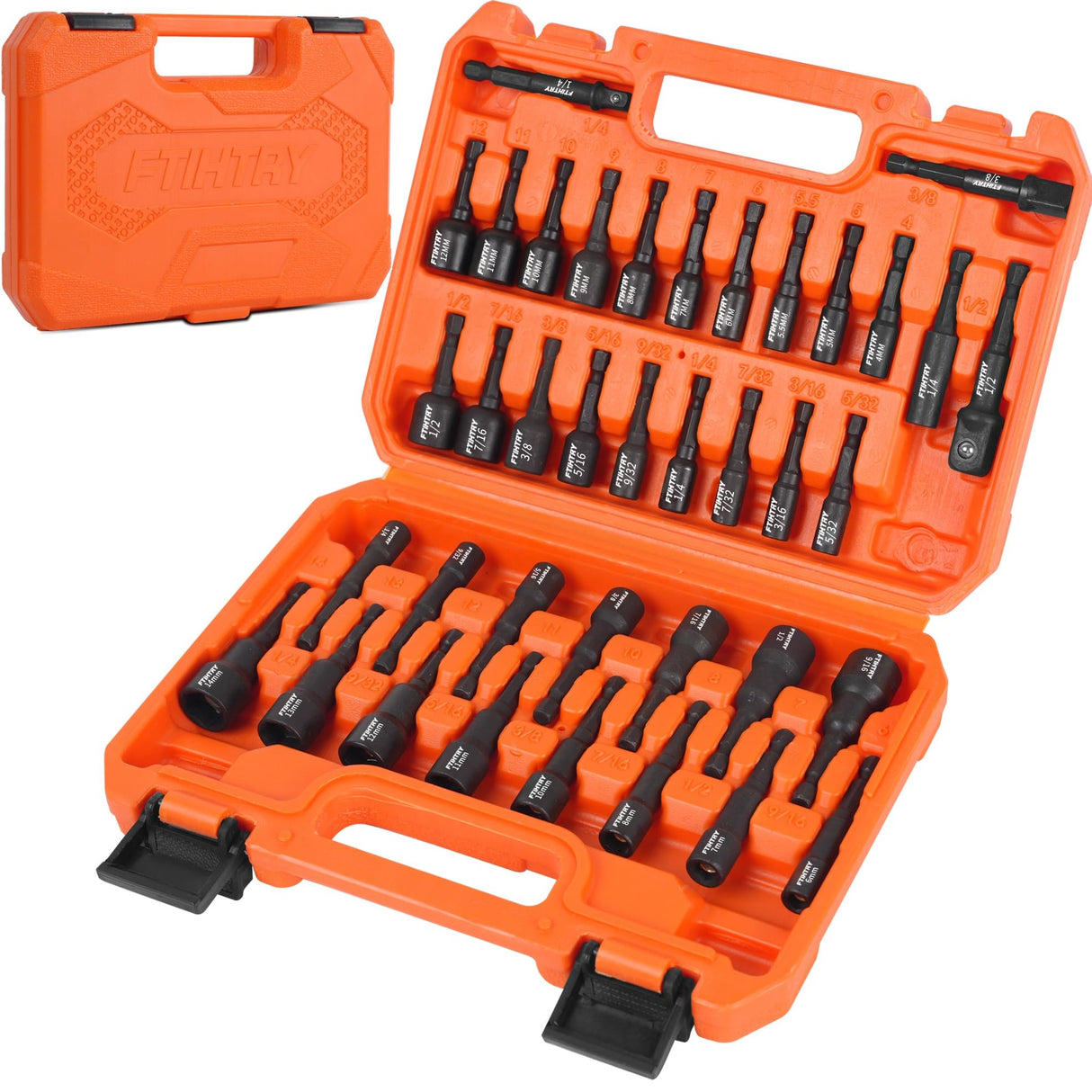 FTIHTRY 39Pcs Magnetic Nut Driver Set for Impact Drill, Metric & SAE Magnetic Impact Drill Driver Bit, 1/4" Hex Shank, Fully Magnetic Hex Nut Driver Drill Bit Master Kit FTIHTRY