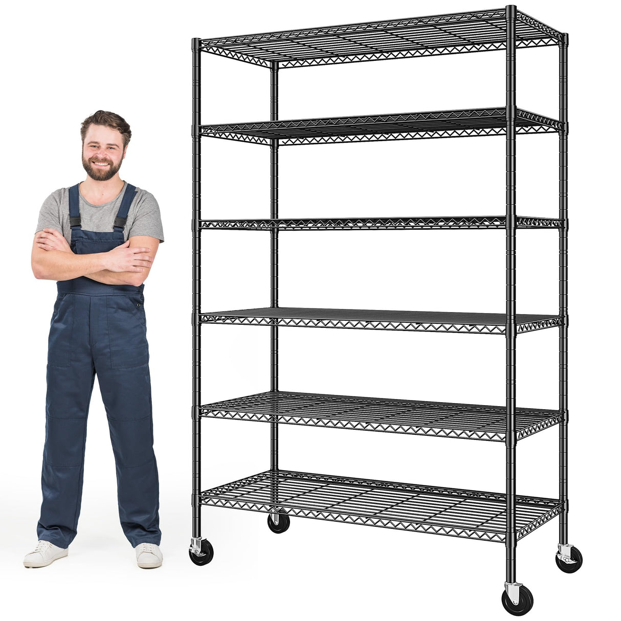 Romorgniz 82" H X45 W X18 D Storage Shelves with Wheels, 6 Tier Wire Shelving Adjustable Metal Shelving Pantry Shelves Capacity 1200LBS for Garage Shelving, Pantry, Kitchen, Closet, Commercial, Black Romorgniz