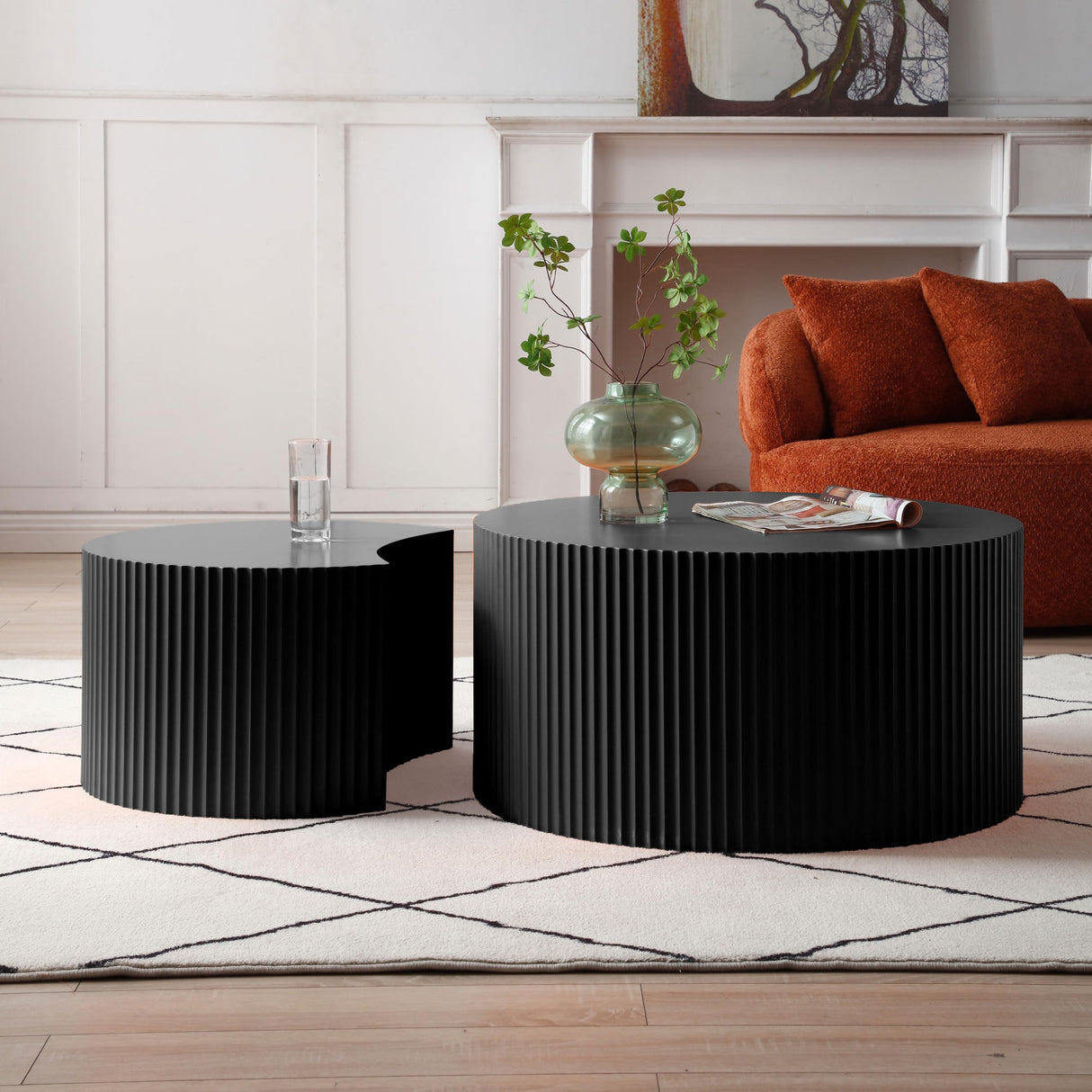 31.5" Round Wood Coffee Table Set of 2, Wood Circle Embossed Design Coffee Table Coffee Table & End Table Side Table for Living Room,No Need Assembly (Black) JASONBLUE