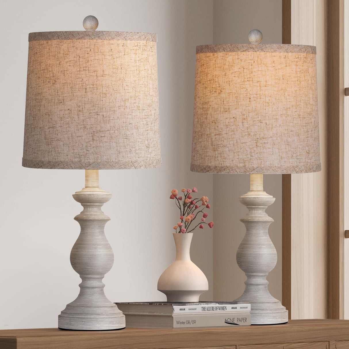 PARTPHONER Traditional Table Lamp Set of 2, Rustic Farmhouse Table Lamps for Living Room Bedroom, 22" Bedside Desk Lamps Vintage Nightstand Lamps with Linen Shades, Antique Grey PARTPHONER