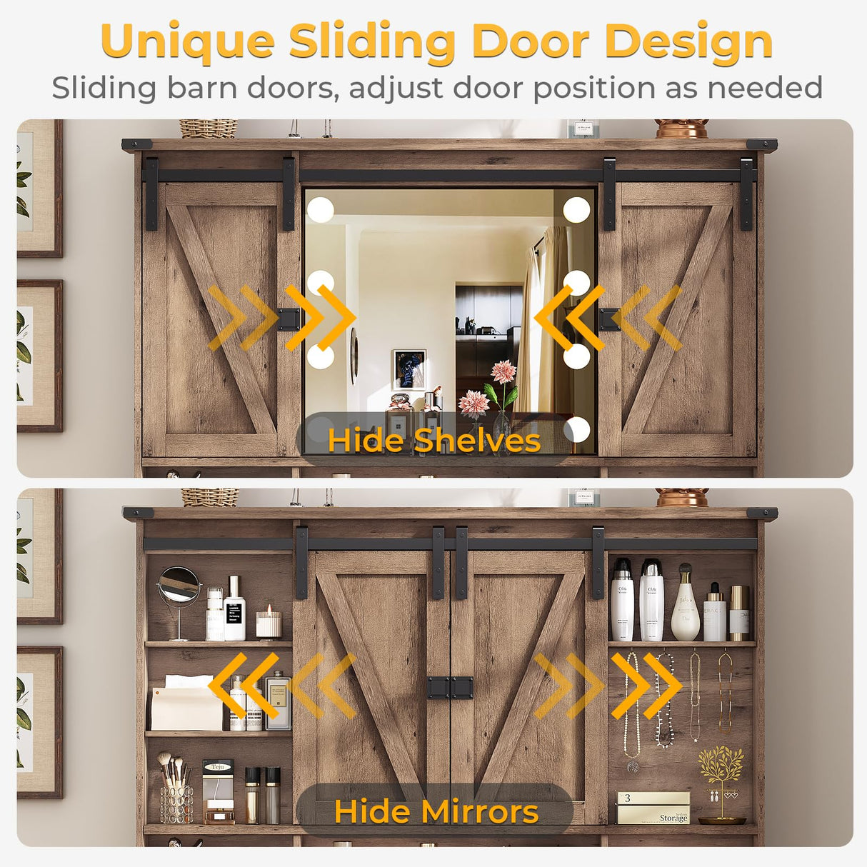 Farmhouse Vanity Desk with Mirror and Lights, 41" Sliding Door Makeup Vanity with Charging Station, Large Vanity Table with Drawers/Shelves/Cabinet Storage, Rustic Oak MSmask