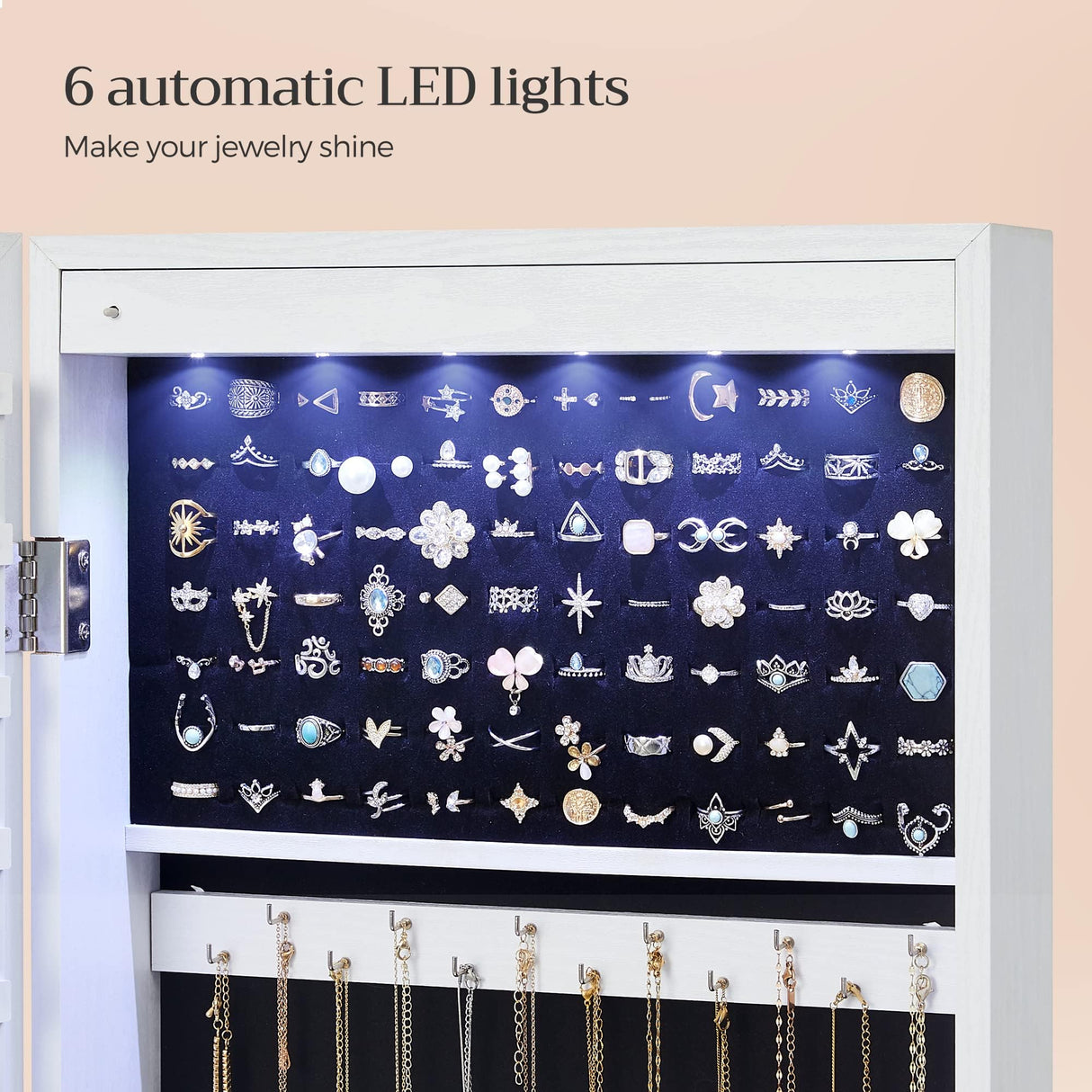 SONGMICS 6 LEDs Mirror Jewelry Cabinet, 47.2-Inch Tall Lockable Wall or Door Mounted Jewelry Armoire Organizer with Mirror, 2 Drawers, 3.9 x 14.6 x 47.2 Inches, White UJJC93W SONGMICS